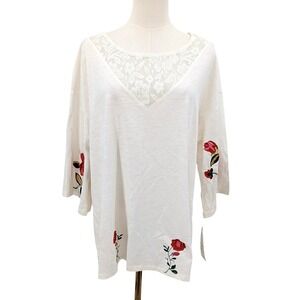 Hannah Top XL White Lace Inset Embroidered Floral Boho‎ Cottage Tunic NWT FLAW